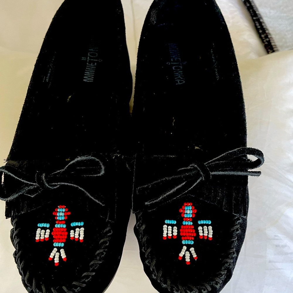 Black suede moccasin  size 10 perfect condition by. MINNETONKA